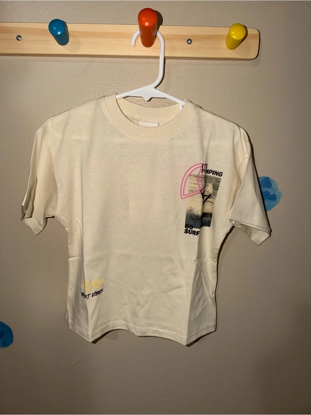 Zara Cream Short Sleeve Tee with Pink & Yellow Surf Graphics